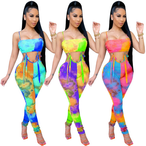 Printed tube top lining cloth shoulder strap halter fashion sexy jumpsuit