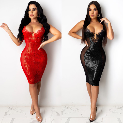 Sexy nightclub suspender dress with sequins lace