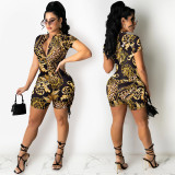 Sexy V-neck short-sleeved women's leopard print lace-up cutout jumpsuit