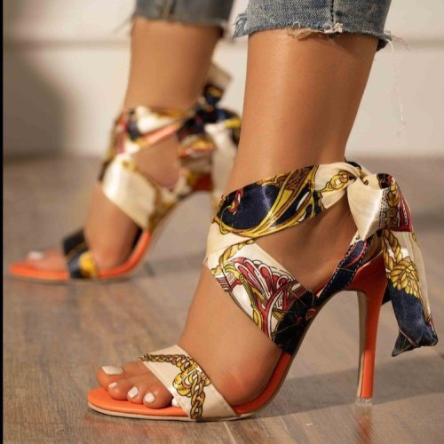 Sandals Silk Bandage printing fine heel banquet high heels night club women's shoes