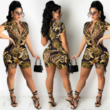 Sexy V-neck short-sleeved women's leopard print lace-up cutout jumpsuit