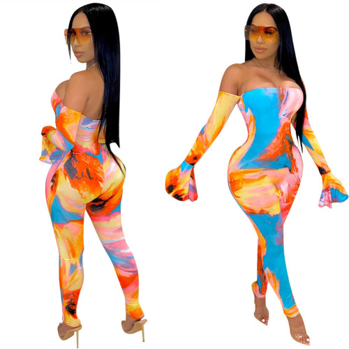 Personalized multi-color printing one-shoulder jumpsuit