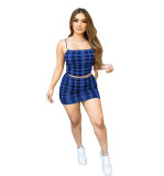 Sexy Plaid print two-piece dress with suspenders