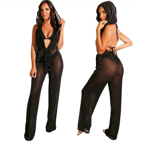 Sexy solid color open back hooded V-neck jumpsuit