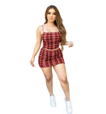 Sexy Plaid print two-piece dress with suspenders