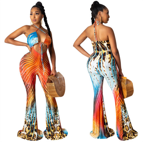Sexy Slim-fit Tie Positioning Printed Jumpsuit