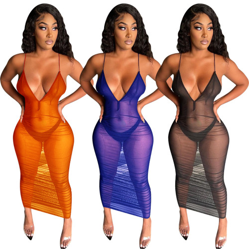 Solid color multicolor zipper V-neck mesh sling dress