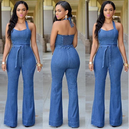 Sexy jeans slim casual jumpsuit with belt