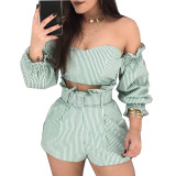 Sexy one-shoulder striped two-piece suit with chest pad and belt