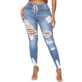 Fashion all-match washable hole slim stretch jeans