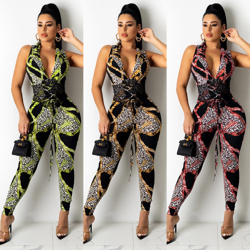 Leopard print wrapped chest halter neck drawstring fashion sexy jumpsuit