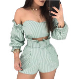 Sexy one-shoulder striped two-piece suit with chest pad and belt