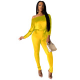 Velvet elastic one-piece trousers with one shoulder and bat sleeve and belt jumpsuit