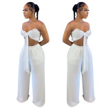 Solid color ruffled chiffon wrap chest extra long wide leg two-piece suit