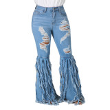 Sexy fashion all-match tassel ripped stretch slim fit flared jeans