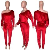 Velvet elastic one-piece trousers with one shoulder and bat sleeve and belt jumpsuit