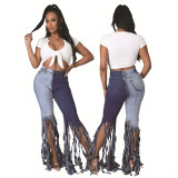 Fashion stitching fringed hole trend stretch slim fit flared jeans