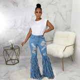 Sexy fashion all-match tassel ripped stretch slim fit flared jeans