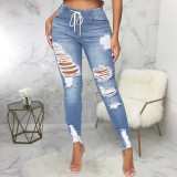 Fashion all-match washable hole slim stretch jeans