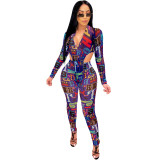 Sexy net yarn printing two-piece suit