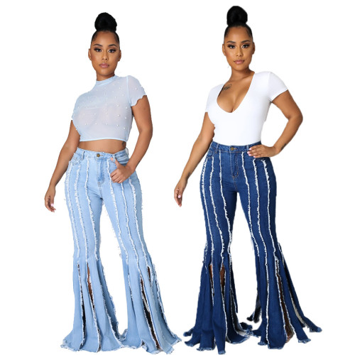 Sexy fashion all-match fringed stretch jeans flared pants