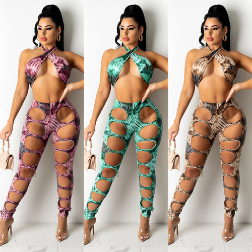 Two-piece suit fashionable sexy set with hole wrapped in chest and halter neck