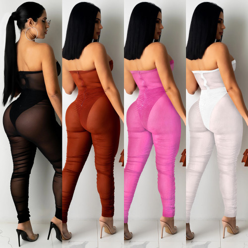 Solid color wrapped chest sexy see-through jumpsuit trousers