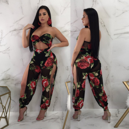 Sexy printed tube top, trouser leg side slit jumpsuit