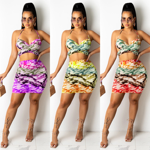 Printed shoulder wrap chest open back sleeveless sexy cute two-piece suit