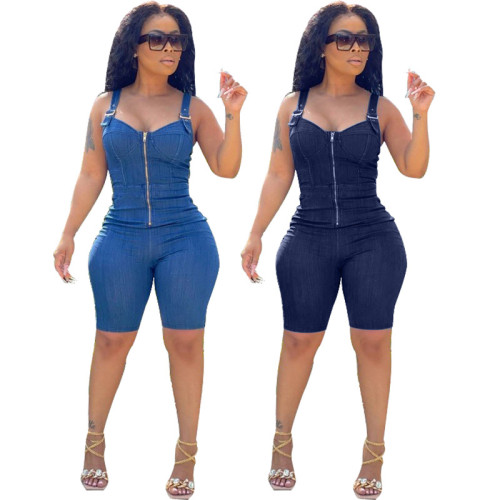 Slim-fit high-stretch skinny jeans jumpsuit with straps
