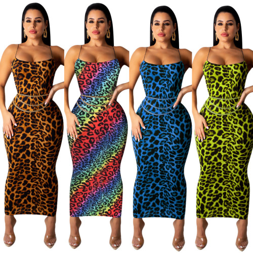 Leopard print suspender dress long skirt  Without belt