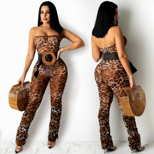 Sexy skinny see-through net gauze print one-way neck tube top jumpsuit trousers