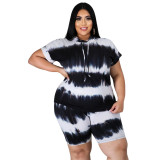 Large women's casual tie dye printed short sleeve hooded pant suit Plus size