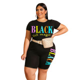 Large women's casual letter printed T-shirt Shorts Set xl-4xl Plus size