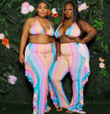Two piece suit of sexy hollow out bikini Ruffle printed wide leg pants plus size