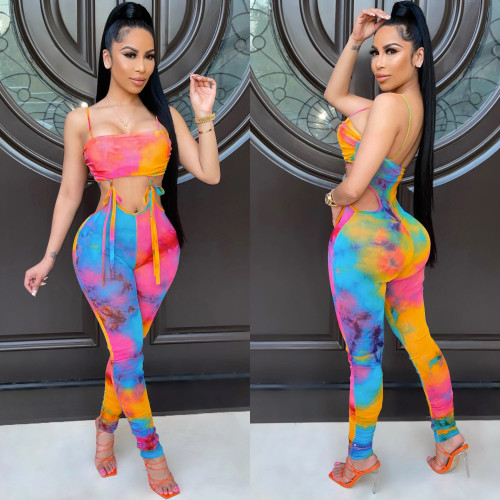 Painted sleeveless sexy suspenders wrapped chest strap trousers jumpsuit