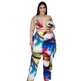 Two piece suit of sexy hollow out bikini Ruffle printed wide leg pants plus size