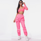 Personalized mesh top + organ pocket stitching woven fabric trousers two-piece suit