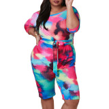 One piece tie dyed printed floral back strapping Jumpsuit Plus size clothing