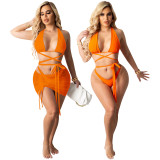 Hollow tube top bag hip drawstring three-piece bikini Swimsuit