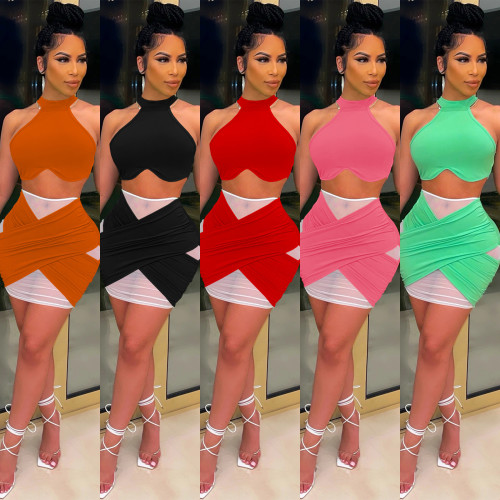 Round neck tube top hollow package hip fashion sexy color matching skirt two-piece suit