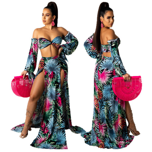 Sexy fashion digital print wrapped chest stitching two-piece suit