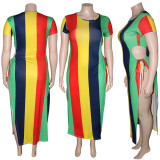 Contrast print sexy strap split dress Plus size clothing