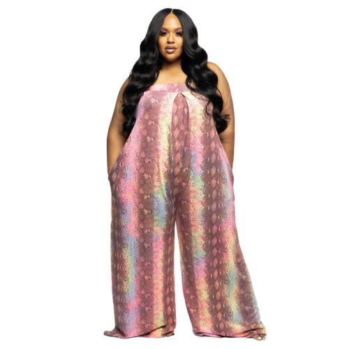 Print casual large bra Jumpsuit with pocket Plus size clothing