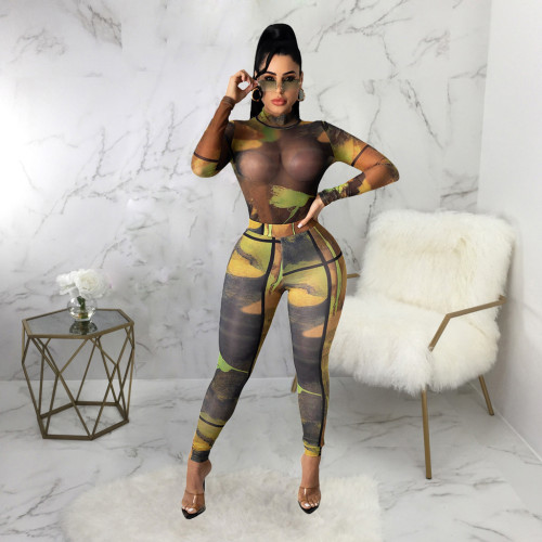 Sexy fashion mesh printing stitching suit two-piece suit