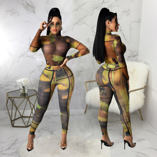 Sexy fashion mesh printing stitching suit two-piece suit