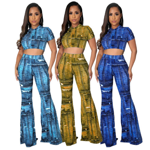 Imitated denim printing casual two-piece suit
