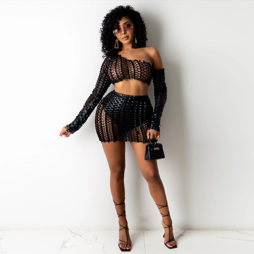 Sexy Mesh Hollow Skirt Two Piece Set