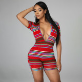 Color striped slim fit deep V-neck sexy jumpsuit