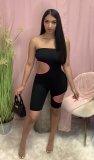 Sexy Wrapped Chest and Hole Color Blocking Jumpsuit